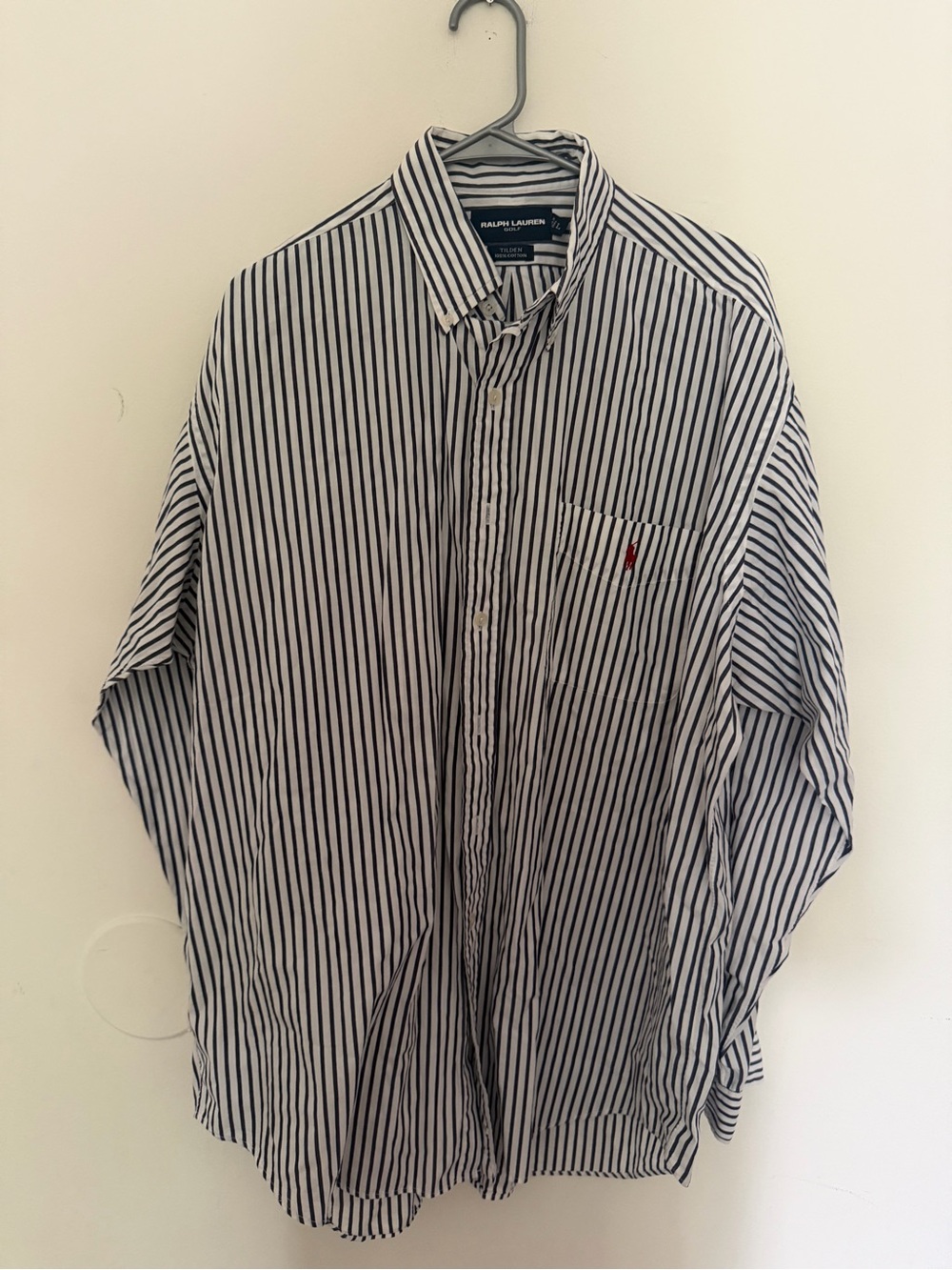Ralph Lauren Men’s White Shirt with Navy Vertical Stripes